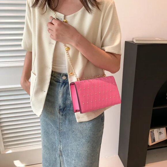 Rivet Detail Studded Chic Crossbody Purse Bag, Pink - Picture 2 of 2